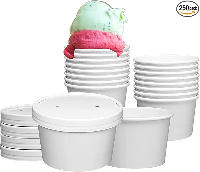 [250 Sets White Paper Food Containers With Vented Lids, To Go Hot Soup Bowls, Disposable Ice Cream Cups (8oz)