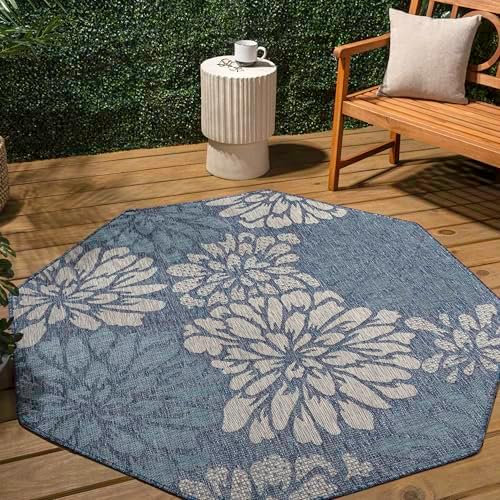 JONATHAN Y Floral Textured Weave Indoor Outdoor Octagon Area Rug 8 Ft Navy/Aqua, Zinnia Modern for Backyard, Patio, Porch, Easy-Cleaning, High Traffic, Pet-Friendly, Non-Shedding (SMB110C-8TGN) - Image 3