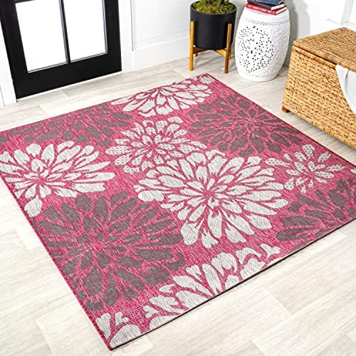 JONATHAN Y Floral Textured Weave Indoor Outdoor Square Area Rug 5X5 Fuchsia/Light Gray, Zinnia Modern for Backyard, Patio, Porch, Easy-Cleaning, High Traffic, Pet-Friendly, Non-Shedding (SMB110F-5SQ) by JONATHANY