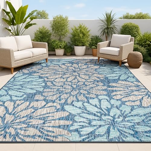 JONATHAN Y Floral Textured Weave Indoor Outdoor Area Rug 9X12 Navy/Aqua, Zinnia Modern for Backyard, Patio, Porch, Easy-Cleaning, High Traffic, Pet-Friendly, Non-Shedding (SMB110C-9) by JONATHANY