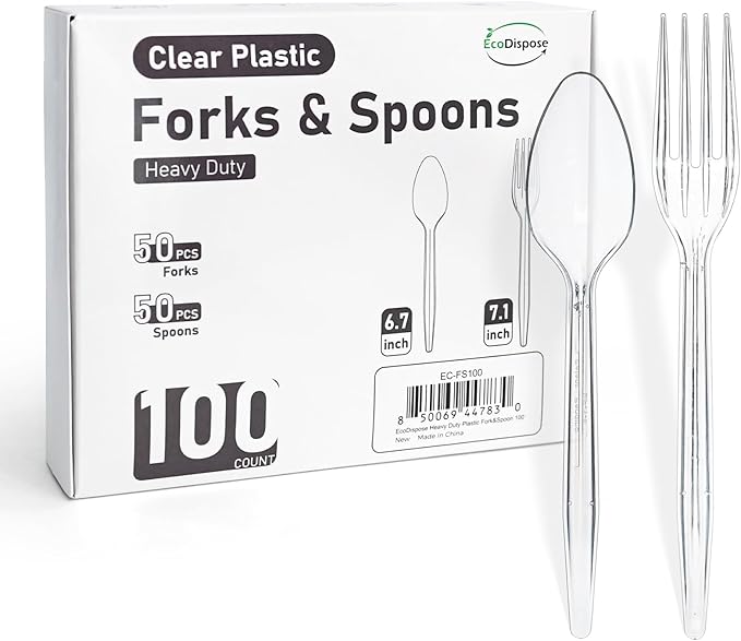 EcoDispose 100 Count Plastic Silverware, Heavy Duty Plastic 50 Forks & 50 Spoons Disposable Utensils Cutlery Set for Party Supplies