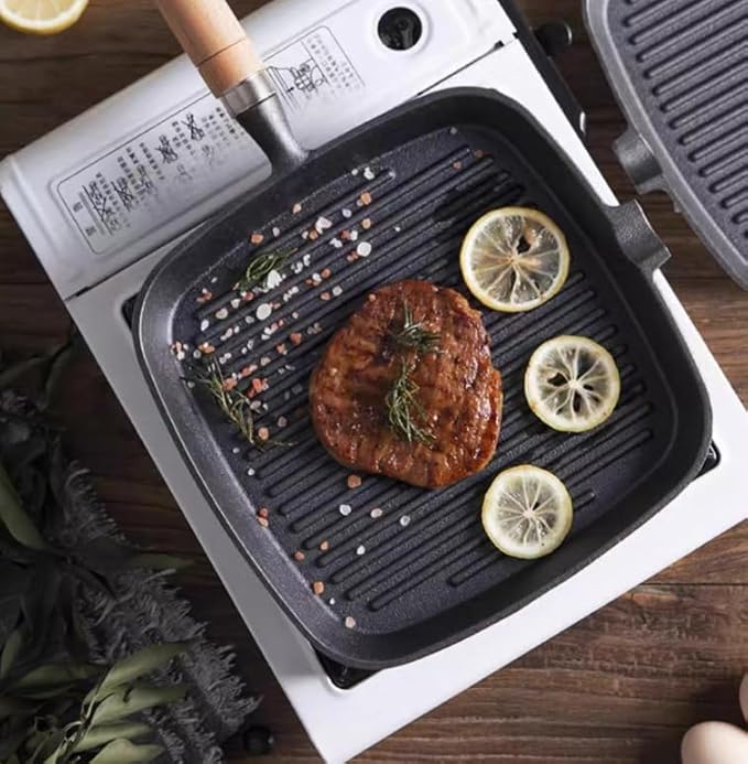 cast iron skillets Square Cast Iron Grill Pan with Wooden Handle Multi-purpose griddle pan steak pan (9.06 inches square)