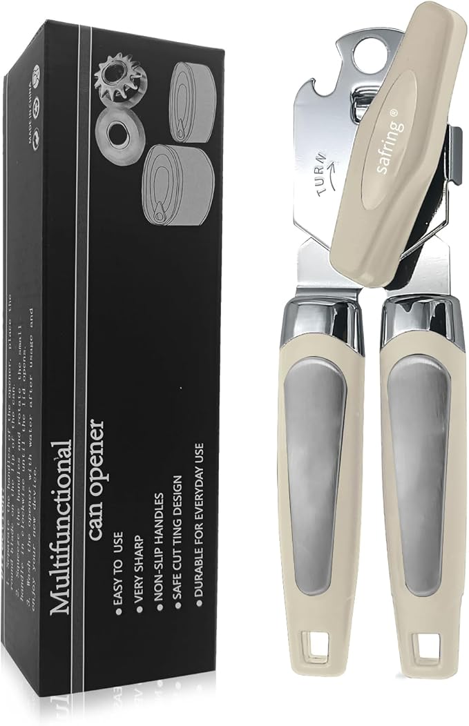 Can Opener Manual, Handheld Strong Heavy Duty Stainless Steel Can Opener, Comfortable Handle, Sharp Blade Smooth Edge, Can Openers with Multifunctional Bottle Opener, Beige