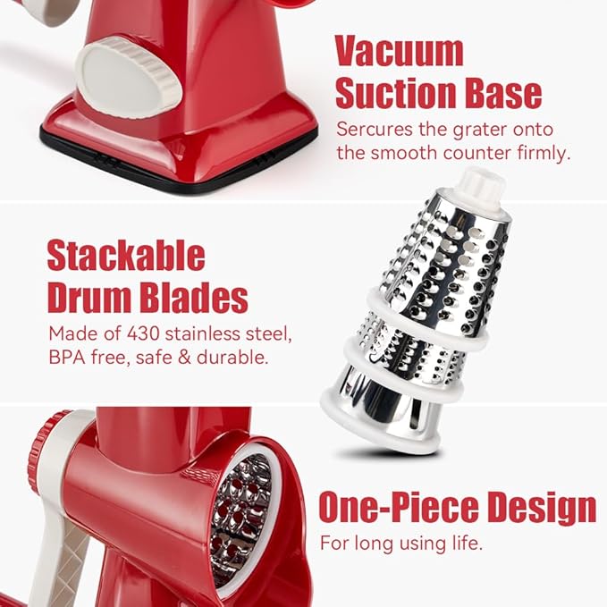 Cheese Grater Hand Crank Rotary Vegetables Shredder with Handle, 3-in-1 Graters with Interchangeable Blades and Strong Suction Base Multifunctional Slicer for Kitchen