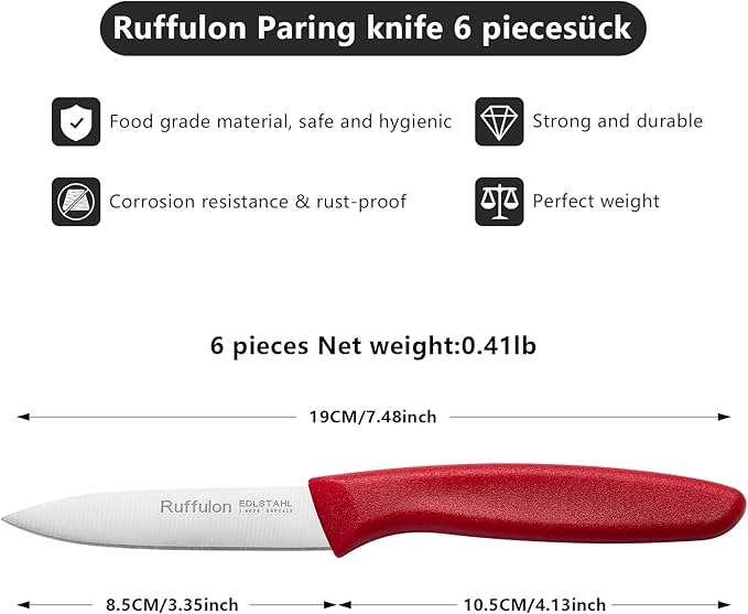 Paring Knife Fruit Knife Set (6 Pieces), Ultra Sharp Stainless Steel Vegetable and Fruit Knife with PP Plastic Ergonomic Handle for Cutting Fruits and Vegetables,Red/Orange/Green