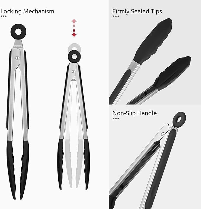 Heat Resistant Silicone Kitchen Tong: U-Taste 9 inch 480ºF Hot Proof Cooking Tong with Firm Sealed Non Stick Rubber Tips & Silicon Coated Steel Handle & Smooth Locking for Serving Grill Salad (Black)