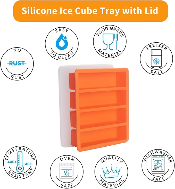 Large and Long Ice Cube Tray 4 Pack Silicone Freezing Container Sticks with Lid for Whiskey, Water Bottle, Food Leftovers and Baking(Orange)
