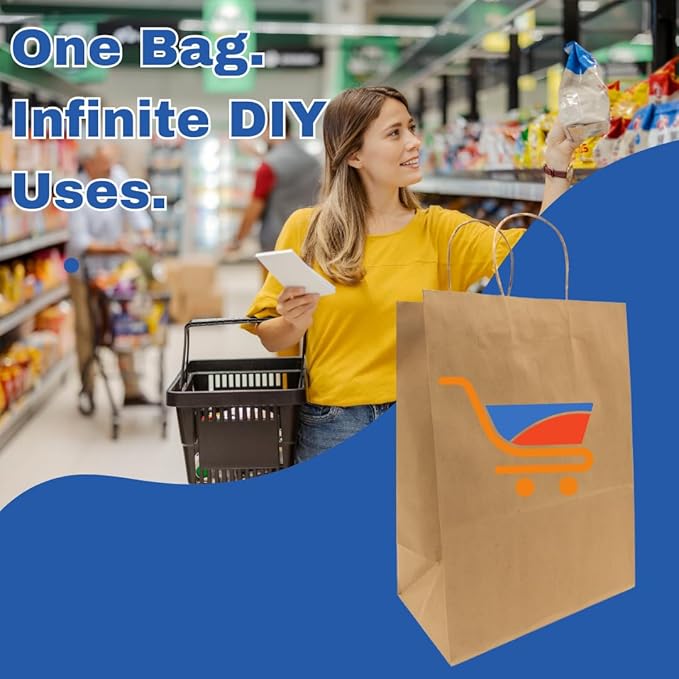 ASSUREPAK DIY Grocery Paper Bags - 100 Bags - 12"x9"x16" - 74LB (110 GSM strong) Twisted Handle - Kraft/Natural - Recyclable Food & Supermarket Bags for Decorating & Branding