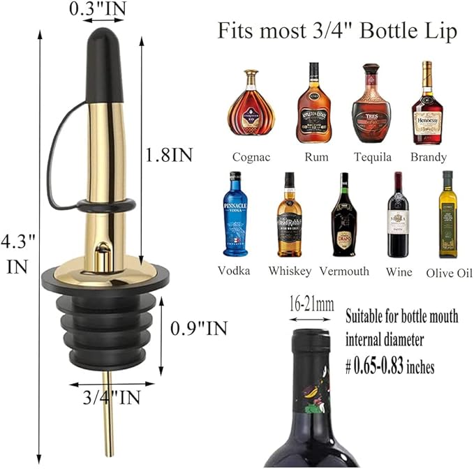 Pafusen 6 Pack Liquor Bottle Pourers, Liquor Pour Spout for Liquor Bottles, Stainless Steel Olive oil Dispenser Spout, Alcohol Pourer Spouts Dust Caps Covers Fixed, Gold