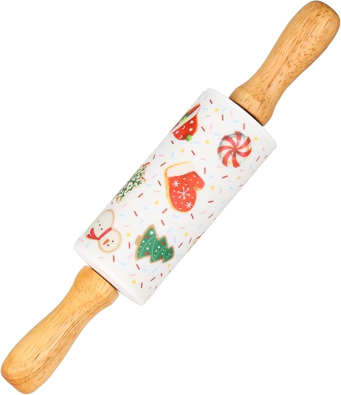 Mini Silicone Rolling Pin for Kids, Non-stick Surface Wood Handle, 9 Inch 1 Pack White Christmas Tree