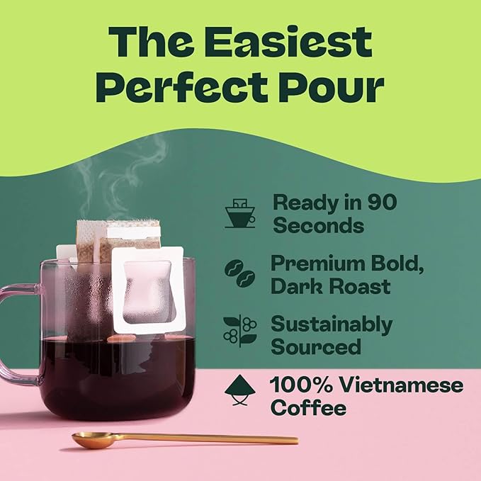 Copper Cow Coffee Premium Pour Over Single-Serve Vietnamese Coffee Pouches (8 pack) | Vanilla | Dark Roast | Flavored with Vanilla Beans | Convenient Vietnamese Ground Coffee Packets, Travel Friendly
