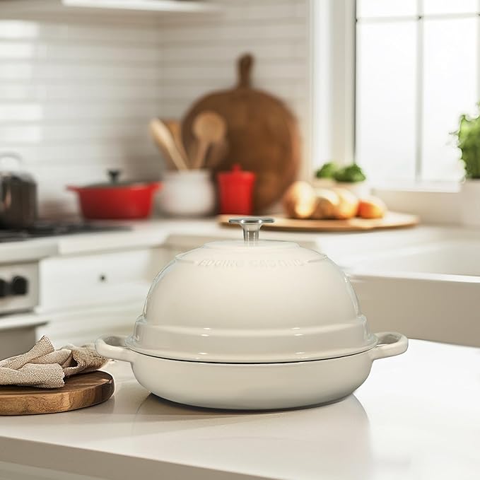 Enameled Cast Iron Dutch Oven Pot with Lid, Round Bread Oven for Homemade Sourdough Bread Baking, 6 Quart, White