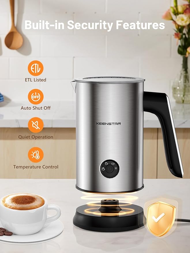 Keenstar Electric Milk Frother, Automatic Milk Steamer Warm or Cold Foam Maker for Latte, Cappuccino, Macchiato, Stainless Steel Milk Warmer with Temperature Controls