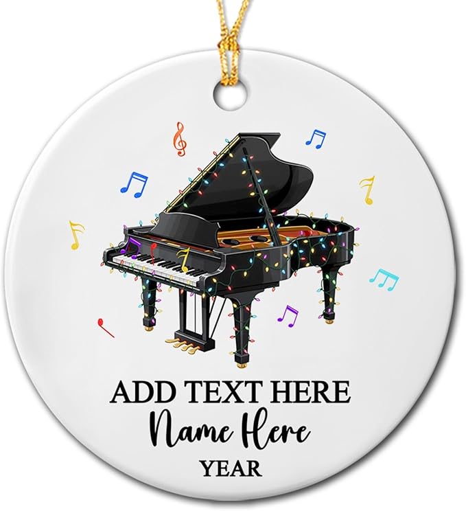 Personalized Piano Musical Ceramic Christmas Ornament, Customized Text Year Name Piano Player Ornaments Gift for Pianist Dad Mom Daughter Son Kid, Unique Pianos Instrument Ceramic Xmas Tree Ornament