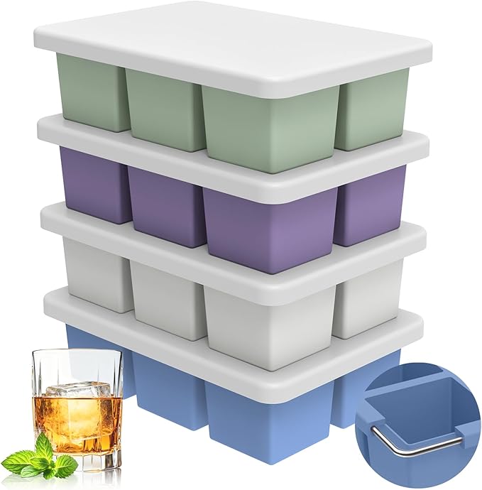mossime Silicone Ice Cube Tray: 4pack Square Whiskey Large Ice Cube Molds - Old Fashioned Ice Cube Trays with Lid - 2inch Easy Release Big Freezer Mold for Cocktail Baby Food Soup & Juice