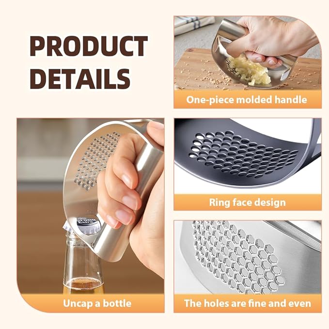Stainless Steel Garlic Press, 2025 New Arc Shape Stainless Steel Ring Garlic Chopper, Garlic Presse Rocker Garlic Press Mincer Crusher Press, Kitchen Heavy Duty Handle Garlic Chopper (1)