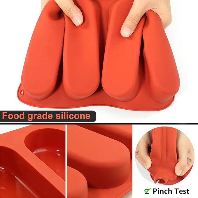 Webake 6 Inch Hot Dog Bun Pan, 2 Pack SIlicone Hotdog Bun Molds Nonstick Bread Forms, Mini Baguette Sandwich Baking Tray for Hot Dog Bun Rolls Cake and Eclair
