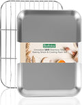 18/0 Stainless Steel Baking Sheet with Cooling Rack, 15.9 Inch Oven-Safe Non-Toxic Cookie Sheets for Baking, Coating Free & Rust Resistant for Healthy Family Baking, Easy to Clean, Heavy Duty