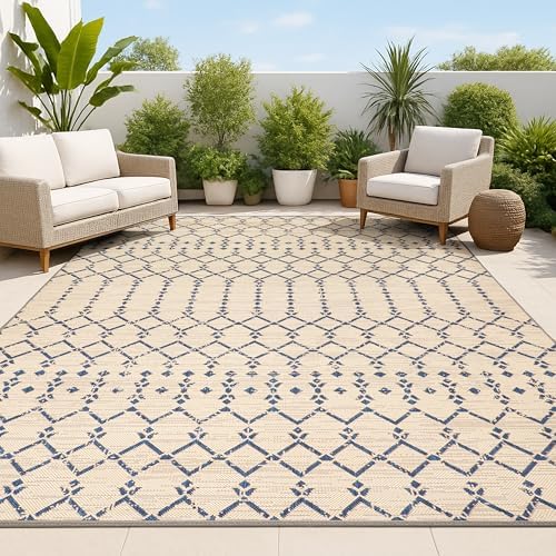 JONATHAN Y Moroccan Geometric Indoor Outdoor Area Rug 8X10 Beige/Navy, Ourika Textured Weave for Backyard, Patio, Porch, Easy-Cleaning, High Traffic, Pet-Friendly, Non-Shedding (SMB108H-8) by JONATHANY