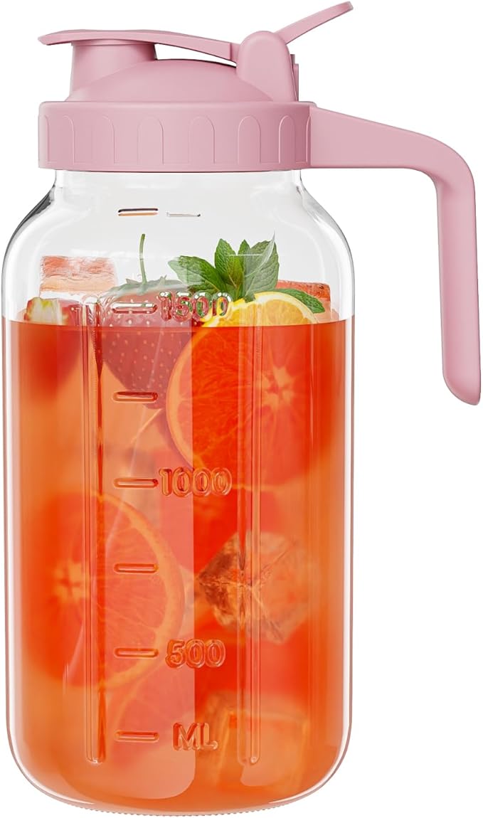 Glass Mason Jar Pitcher, 64 oz Wide Mouth Jug with Pour Spout Handle Lid for Cold Brew Coffee, Ice Beverage, Iced Juice, Lemonade, Sun Tea, Fruit Drinks Container（Pink）