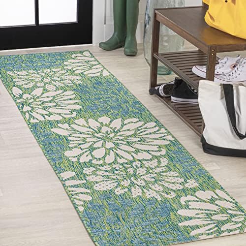 JONATHAN Y Floral Textured Weave Indoor Outdoor Runner Rug 2X8 Cream/Green, Zinnia Modern for Backyard, Patio, Porch, Easy-Cleaning, High Traffic, Pet-Friendly, Non-Shedding (SMB110D-28) by JONATHANY