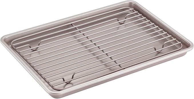 CHEFMADE Roasting Pan with Rack, 13-Inch Non-Stick Rectangular Shallow Dish Sheet Pan with Wire Rack for Oven Baking, BBQ, Jelly Roll and Roasting 9" x 13" x 1" (Champagne Gold)