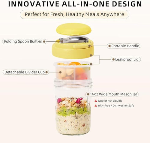 4 Pack Overnight Oats Containers with Lids and Handles, Folding Spoons & Divided Compartments for Fruit & Nuts, 16oz Glass Mason Jars for Oatmeal, Meal Prep & Breakfast (Blue/Green/Yellow/Green)