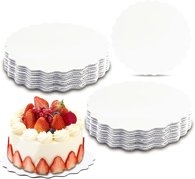 qiqee 8 Inch White Wave Cake Boards Round 50-Packs Circles Rounds Base Food-Grade Cardboard Wave Cake Plate（Thinner But Stronger）