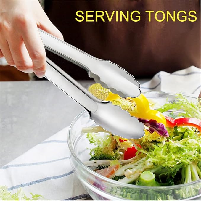 2 Pack Serving Tongs Serving Utensils Salad Tongs Metal Buffet Tongs Non-slip & Easy Grip Stainless Steel Plated Buffet Serving Tongs, Salad, Ice, Oven (9.5 Inch) (Silver)