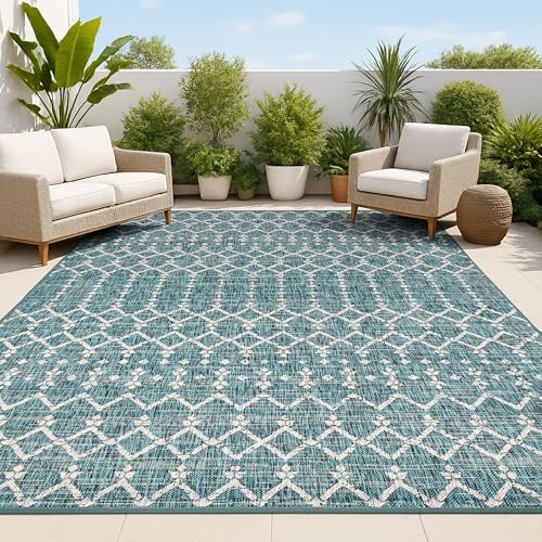 JONATHAN Y Moroccan Geometric Indoor Outdoor Area Rug 10X14 Teal/Gray, Ourika Textured Weave for Backyard, Patio, Porch, Easy-Cleaning, High Traffic, Pet-Friendly, Non-Shedding (SMB108C-14) by JONATHANY