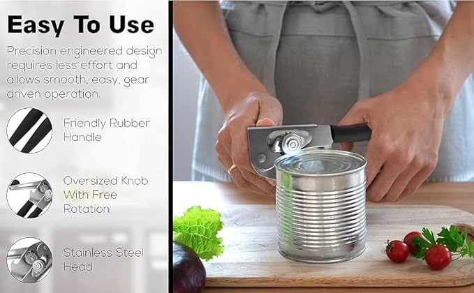 Crank Handle Commercial Can Opener - Heavy Duty Manual Can Opener - Ergonomic Cushioned Handle - Stainless Steel Blade - Black