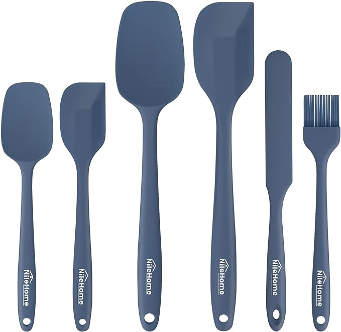 NileHome Silicone Spatula Set, 6 Packs Food Grade Kitchen Utensils with Silicone Brush Heat Resistant BPA-free Rubber Spatula for Scraping, Baking, Cooking, Mixing, Haze blue