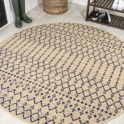 JONATHAN Y Moroccan Geometric Indoor Outdoor Round Area Rug 9 Ft Beige/Navy, Ourika Textured Weave for Backyard, Patio, Porch, Easy-Cleaning, High Traffic, Pet-Friendly, Non-Shedding (SMB108H-9R) by JONATHANY