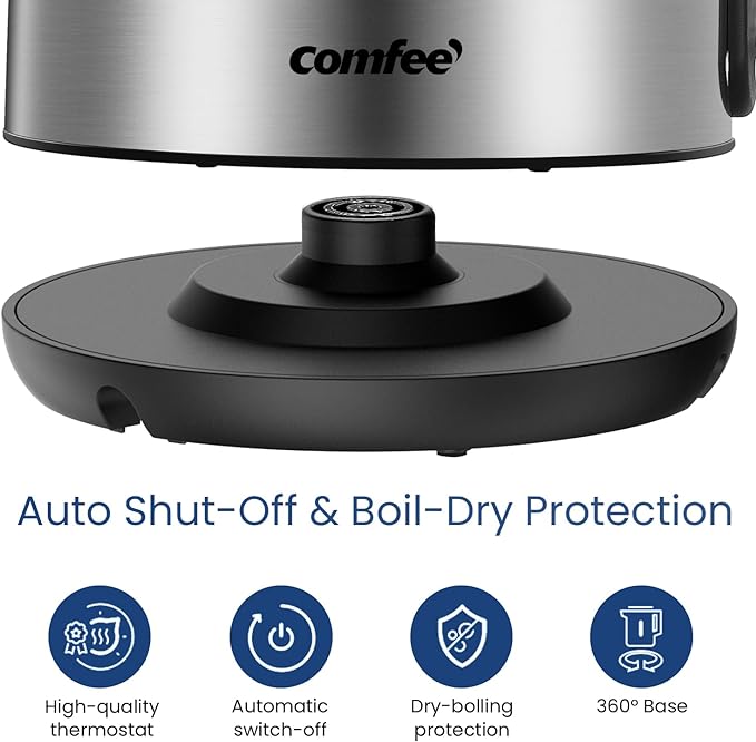 COMFEE' Stainless Steel Electric Kettle, 1.7 Liter Tea Kettle Electric & Hot Water Kettle, 1500W Fast Boil with LED Light, Auto Shut-Off and Boil-Dry Protection
