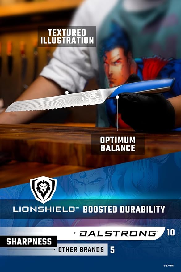 Dalstrong Serrated 8 inch Bread Knife - DC Superman™ Edition - Premium German Stainless Steel - POM Handle Full Tang - Etched Artwork Logo - Boyfriend Valentine's Gift Bread Slicer - Leather Sheath