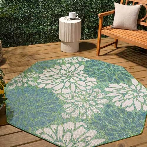 JONATHAN Y Floral Textured Weave Indoor Outdoor Octagon Area Rug 5 Ft Cream/Green, Zinnia Modern for Backyard, Patio, Porch, Easy-Cleaning, High Traffic, Pet-Friendly, Non-Shedding (SMB110D-5TGN) - Image 3