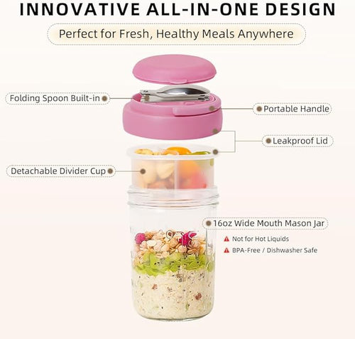 4 Pack Overnight Oats Containers with Lids and Handles, Folding Spoons & Divided Compartments for Fruit & Nuts, 16oz Glass Mason Jars for Oatmeal, Meal Prep & Breakfast (Black/Deep-Blue/Cream/Purple)