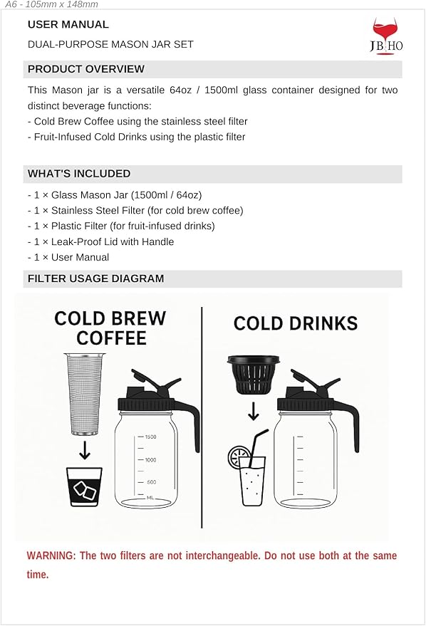 Cold Brew Coffee Maker 64OZ Marson Jars Wide Mouth Glass Picther Spout Lid with Stainless Steel Filter,Leakproof Maker for Iced Tea,Espresso,Lemonade-Black