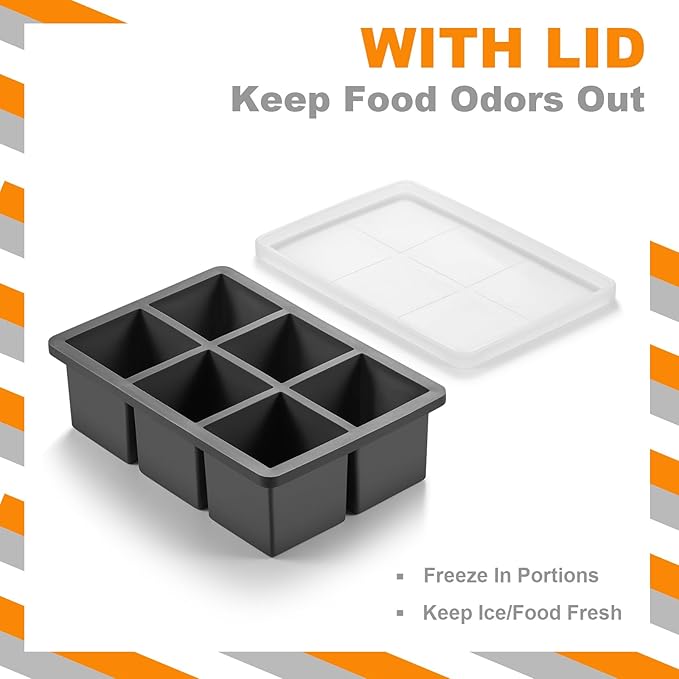 Nax Caki Large Ice Cube Molds Tray with Lid, Stackable Big Silicone Square Ice Cube Mold for Whiskey Cocktails Bourbon Soups Frozen Treats, Whiskey Gifts for Men from Daughter Wife Son Kids