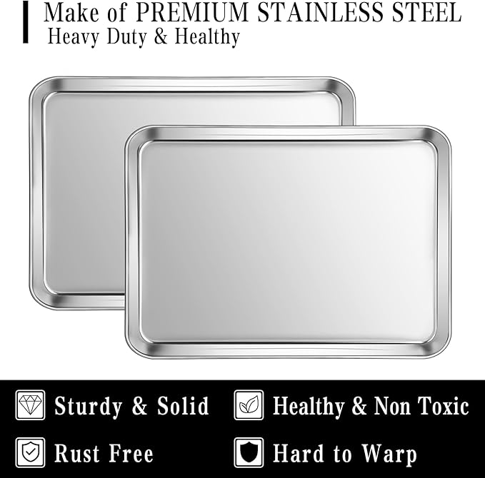 Stainless Steel Baking Sheet Set, 2 Pcs Cookie Sheet Pan Baking Trays for Oven, Non Stick and Heavy Duty and Easy Clean, 15.9 x 12 x 1 Inch