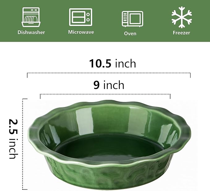 Vicrays Ceramic Pie Pan - 9 Inch Round Fluted and Deep Pie Dish for Tart Pizza Quiche Pot Pies Cake - Reactive Glaze (Green)