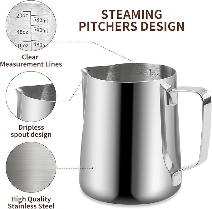 Espresso Milk Frothing Pitcher, 20OZ/600ML Stainless Steel Milk Frother Cup with Decorating Art Pen for Espresso Machine