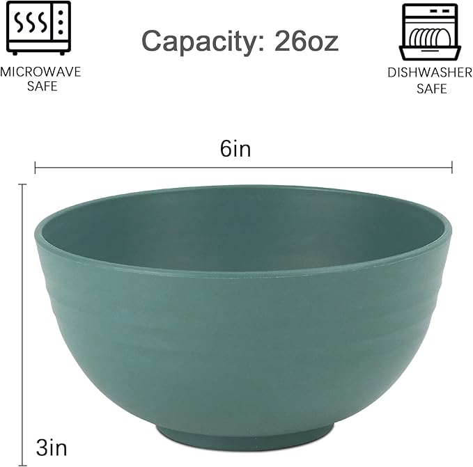 Homienly Wheat Straw Bowls, Cereal Bowls, Plastic Bowl Alternative, Set of 8, Unbreakable Microwave Safe Bowls for Soup, Salad, Dinner, Cereal, Snack, Dishwasher Safe for Kitchen, Party (Green, 26 OZ)