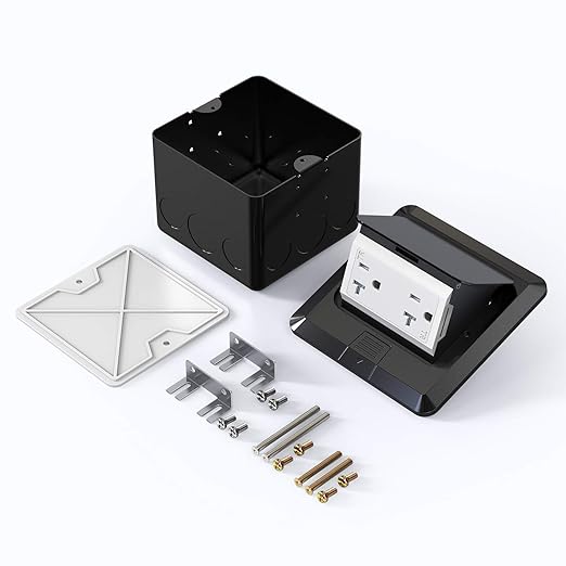 KYHSHJ Pop Up Floor Electrical Outlet Box Kit，20 Amp Stainless Steel TR Tamper-Resistant Duplex Receptacle Outlet， Corrosive Resistant Hardware，ETL Listed, Black