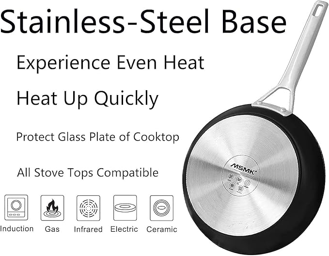 MsMk 11 Inch Nonstick Frying Pan with Lid，Titanium and Ceramic Nonstick skillet with lid, PFOA Free Non-Toxic, Stay-Cool Handle, Scratch-resistant, Induction Skillet With Lid for Induction, Ceramic