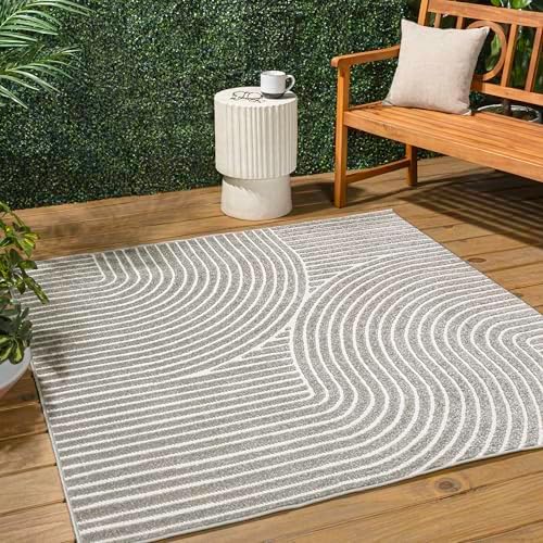 JONATHAN Y Hallie High-Low Curve Gray/Ivory 7x7 Square Indoor/Outdoor Area Rug, Minimalist, Pet Friendly, Non-Shedding, Stain Resistant, Hose-Washable for Backyard, Patio, Porch (SCN100A-7SQ) by JONATHANY