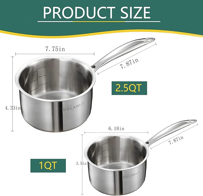 DELARLO Sauce Pan, Oven Broiler Safe 600℉,Tri-Ply Stainless Steel Saucepan Set, 1.0QT, 2.5QT Sauce Pot, Cookware Sets for Induction Cooktop