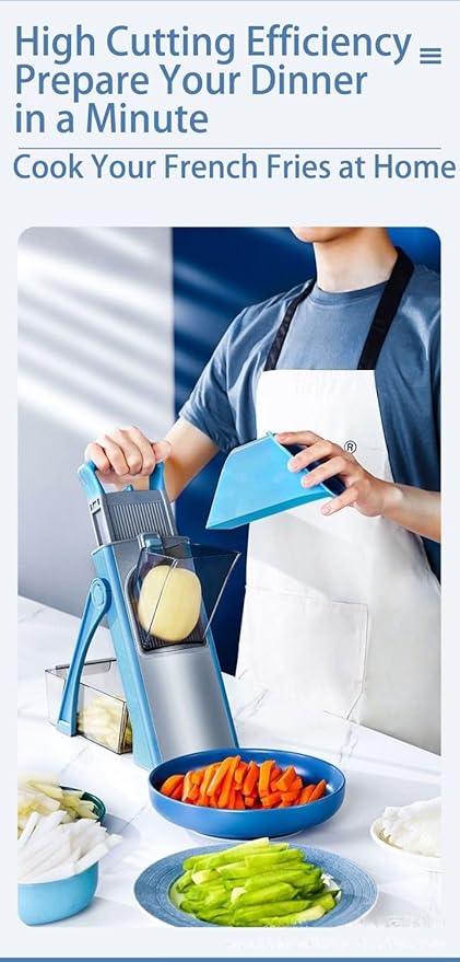 New Upgrade Safe Mandoline Slicer Plus, Biger Size, Adjustable Vegetable Food Chopper Potato Fries Cutter, Detachable Blade, Kitchen Chopping Artifact with Container. Blue
