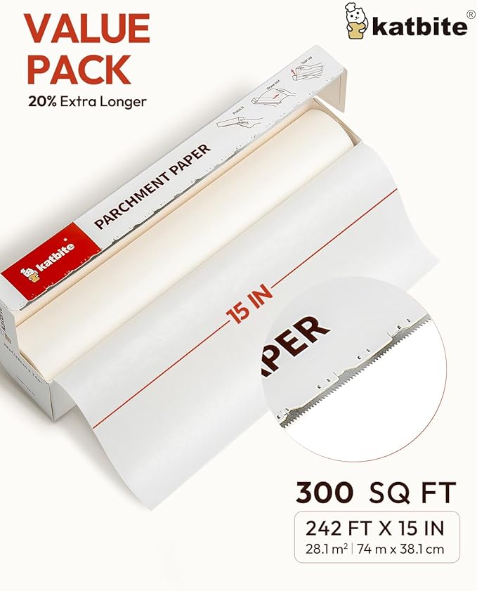 Katbite 2 Pack 15in x 242ft Parchment Paper Roll, 300 Sq. Ft Non-stick Baking Paper with Serrated Cutter, Perfect for Cooking, Air Fryer, Steaming, Bread - Value Pack