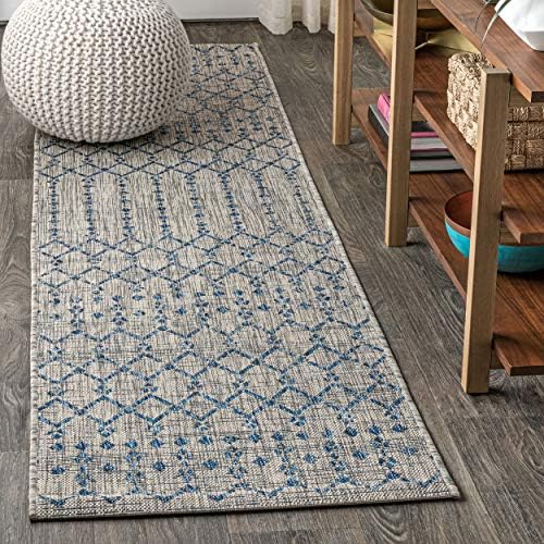 JONATHAN Y Moroccan Geometric Indoor Outdoor Runner Rug 2X20 Light Gray/Navy, Ourika Textured Weave for Backyard, Patio, Porch, Easy-Cleaning, High Traffic, Pet-Friendly, Non-Shedding (SMB108A-220) by JONATHANY